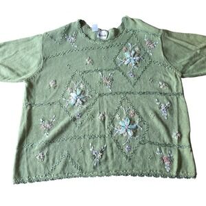 Bentley Plus Size 1X‎ Green Floral Embroidered Knit Top Grandmacore Cottagecore